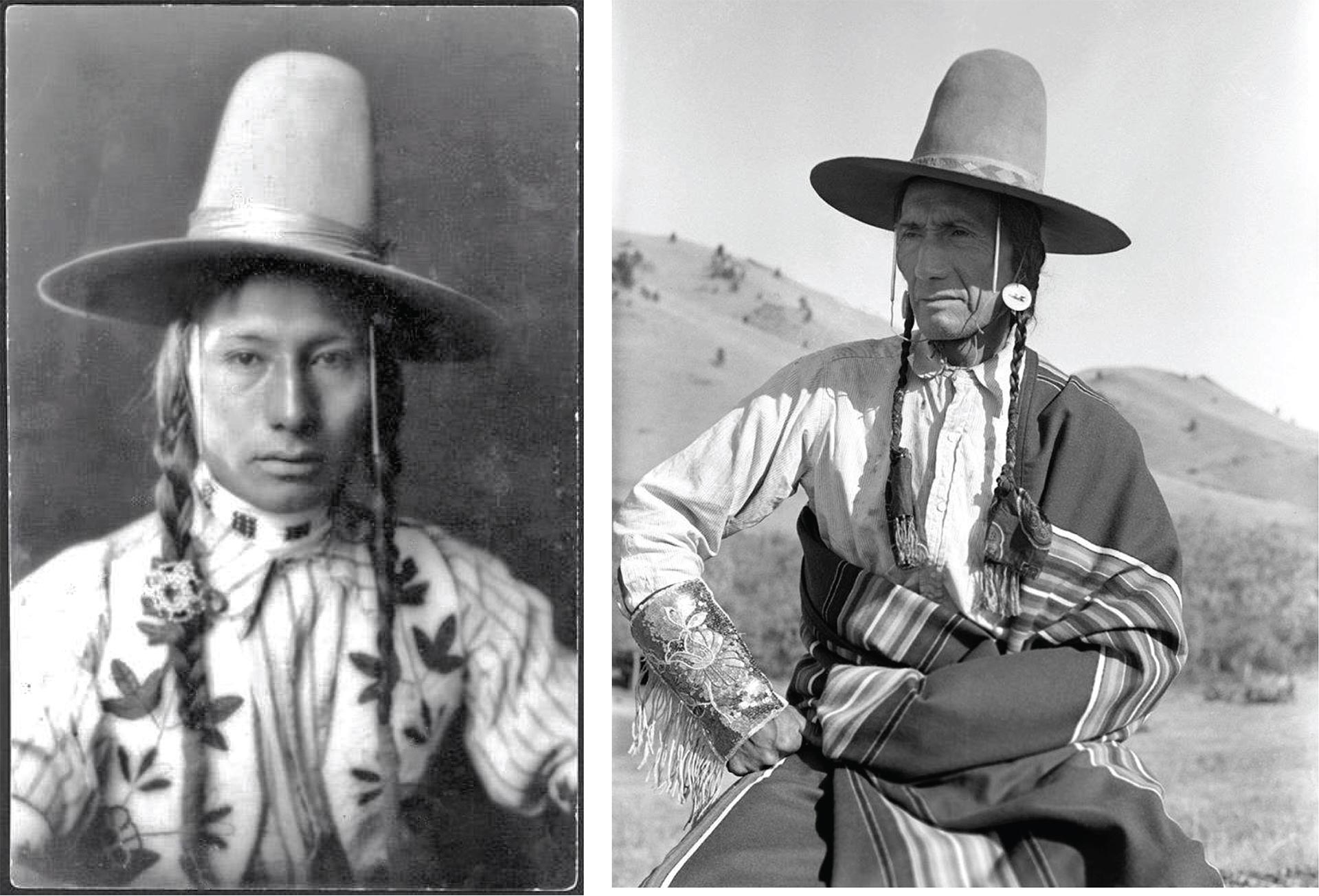 L'arrière-grand-père Big Knife de Kaylene Big Knife porte un chapeau traditionnel, une chemise et des manchettes ornés de motifs floraux Chippewa Cree.