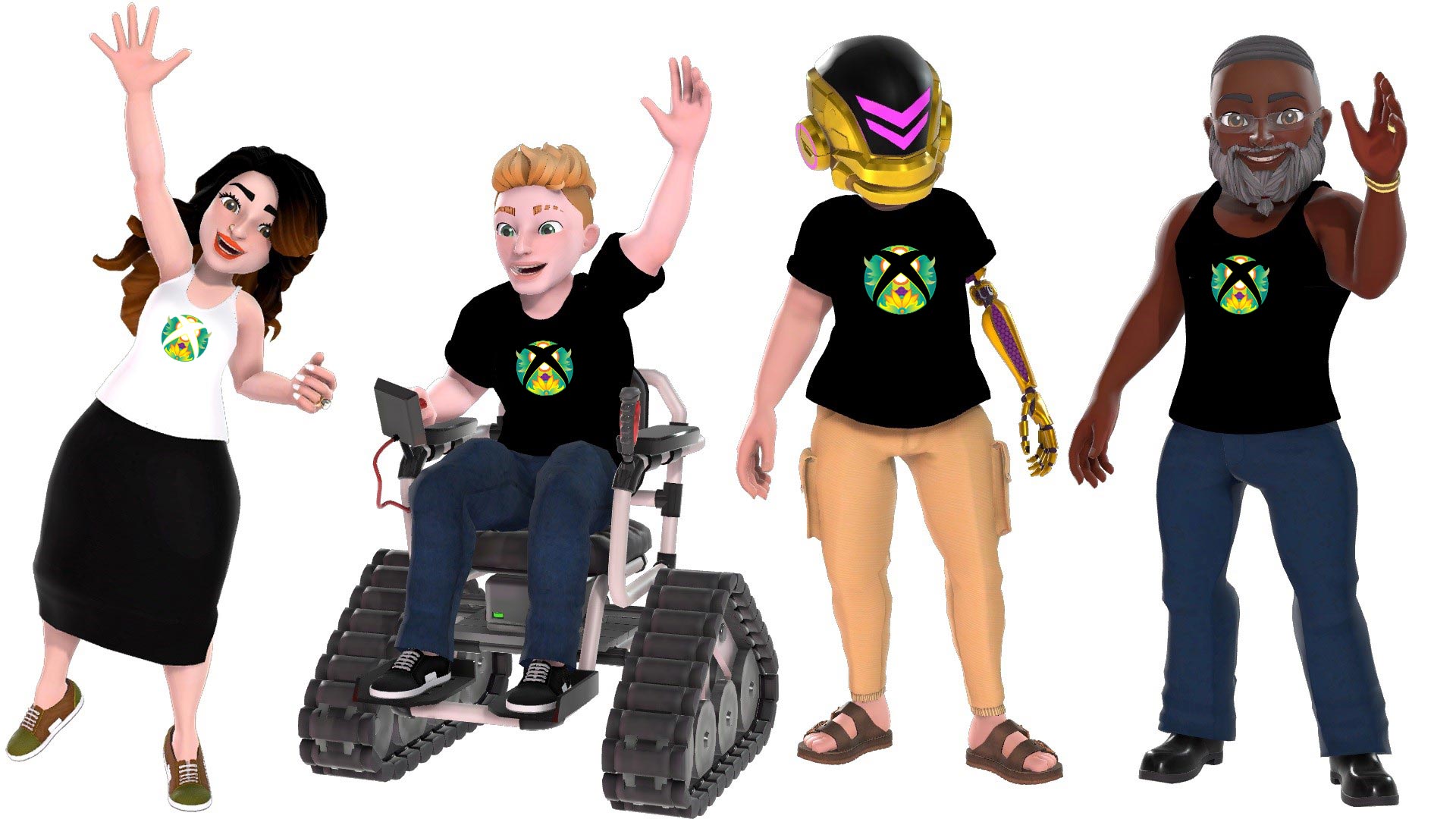 Quatre personnages d'avatar affichant la sphère Xbox stylisée autochtone sur leurs sommets.